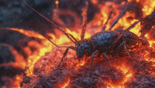 A serene fiery dynamic scene featuring a monster