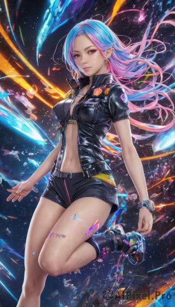 1girl,solo,long hair,breasts,looking at viewer,navel,brown eyes,jewelry,medium breasts,closed mouth,underwear,blue hair,jacket,pink hair,short sleeves,multicolored hair,earrings,open clothes,shoes,shorts,pointy ears,socks,midriff,belt,stomach,bra,bracelet,two-tone hair,open jacket,lips,black jacket,short shorts,tattoo,floating hair,black shorts,ring,black socks,sneakers,zipper,watch,nose,unzipped,wristwatch,space,leg tattoo,cleavage,boots,pink eyes,necklace,piercing,black bra,ear piercing