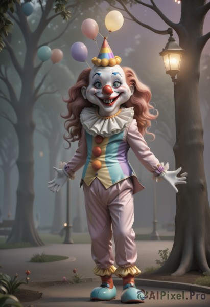 1girl,solo,long hair,looking at viewer,smile,open mouth,brown hair,gloves,long sleeves,hat,standing,full body,outdoors,frills,shoes,teeth,pants,white gloves,grin,vest,tree,makeup,mask,night,grass,curly hair,blue footwear,lantern,red lips,road,facepaint,balloon,lamppost,jester cap,neck ruff,party hat,pointy footwear,multicolored headwear,clown,blue eyes,green eyes,flower,red hair,artist name,lipstick