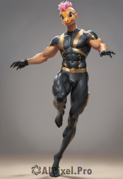 solo,looking at viewer,smile,short hair,blue eyes,gloves,1boy,closed mouth,standing,full body,pink hair,male focus,thighs,black gloves,belt,dark skin,grey background,bodysuit,covered navel,muscular,thick thighs,abs,dark-skinned male,standing on one leg,pectorals,muscular male,bara,skin tight,bulge,black bodysuit,undercut,latex,harness,chest harness,covered abs,mask,large pectorals,very short hair,biceps