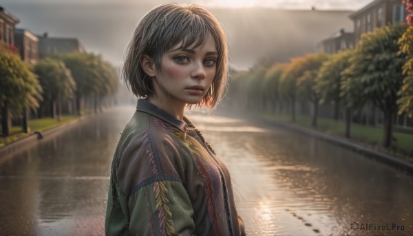 1girl,solo,looking at viewer,blush,short hair,bangs,brown hair,shirt,black hair,brown eyes,upper body,outdoors,parted lips,day,water,blurry,from side,tree,lips,looking to the side,grey eyes,depth of field,blurry background,building,freckles,reflection,realistic,nose,bridge,river,lake,breasts,closed mouth,sky,cloud,sunlight,cloudy sky,scenery,backlighting,rain,sunset,road,street