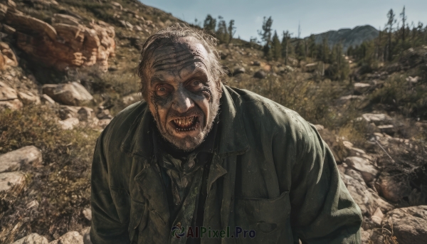 solo,looking at viewer,open mouth,shirt,1boy,jacket,upper body,grey hair,male focus,outdoors,necktie,sky,teeth,day,collared shirt,tree,black shirt,facial hair,sharp teeth,nature,beard,forest,rock,realistic,green shirt,old,green necktie,old man,horror (theme),short hair,white hair,blue sky,coat,scenery,monster,zombie