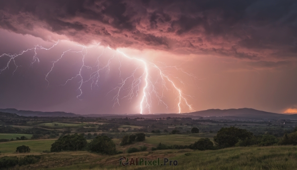 outdoors,sky,cloud,tree,no humans,cloudy sky,grass,nature,scenery,forest,sunset,mountain,electricity,lightning,landscape,mountainous horizon,hill,red sky,ocean,horizon,field