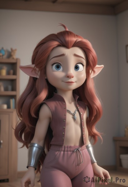 1girl,solo,long hair,looking at viewer,smile,blue eyes,brown hair,jewelry,closed mouth,open clothes,sleeveless,pointy ears,pants,indoors,necklace,blurry,vest,flat chest,loli,no bra,blurry background,freckles,bracer,open vest,pink pants,breasts,collarbone,red hair,cowboy shot,small breasts,artist name,lips,depth of field,stuffed toy,stuffed animal