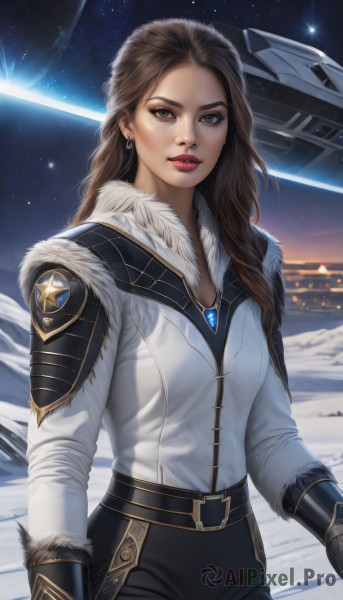 1girl,solo,long hair,breasts,looking at viewer,brown hair,gloves,brown eyes,jewelry,jacket,earrings,outdoors,parted lips,sky,belt,pants,necklace,lips,coat,fur trim,makeup,night,black pants,white jacket,lipstick,star (sky),night sky,snow,starry sky,science fiction,realistic,aircraft,nose,winter clothes,red lips,space,winter,planet,spacecraft,shooting star,shirt,long sleeves,white shirt,emblem