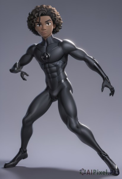 solo,looking at viewer,smile,short hair,simple background,brown hair,black hair,1boy,brown eyes,full body,male focus,dark skin,grey background,dark-skinned female,lips,bodysuit,muscular,dark-skinned male,skin tight,curly hair,black bodysuit,animification,superhero,very dark skin,dreadlocks,afro,gloves,standing,black eyes,abs,legs apart,bulge,fighting stance