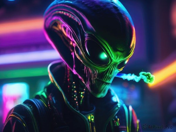 solo,1boy,green eyes,jacket,upper body,male focus,blurry,mask,blurry background,glowing,portrait,glowing eyes,smoke,science fiction,smoking,cyborg,cyberpunk,neon lights,outdoors,night,depth of field,zipper,cigarette,city,leather,alien,leather jacket,city lights