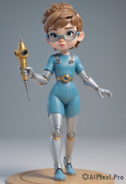 1girl,solo,looking at viewer,short hair,simple background,brown hair,holding,brown eyes,standing,full body,weapon,glasses,grey background,flat chest,lips,bodysuit,goggles,mechanical arms,single mechanical arm,prosthesis,smile,boots,joints