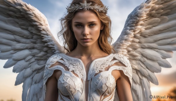 1girl,solo,long hair,breasts,looking at viewer,blonde hair,brown hair,brown eyes,medium breasts,closed mouth,upper body,outdoors,wings,sky,cloud,armor,blurry,lips,blurry background,feathered wings,angel wings,realistic,white wings,angel,head wreath,dress,tiara