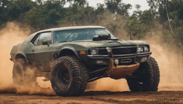 outdoors,tree,no humans,ground vehicle,nature,motor vehicle,forest,smoke,realistic,car,road,vehicle focus,dust,wheel,sports car,truck,tire