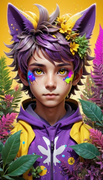 1girl,solo,looking at viewer,short hair,bangs,hair ornament,1boy,animal ears,closed mouth,yellow eyes,upper body,purple hair,flower,male focus,multicolored hair,artist name,cat ears,signature,hair flower,hood,lips,gradient,fox ears,gradient background,eyelashes,hoodie,makeup,leaf,watermark,facial mark,thick eyebrows,hood down,plant,animal print,messy hair,yellow background,web address,androgynous,eyeshadow,zipper,freckles,realistic,yellow flower,nose,purple flower,drawstring,black hair,jacket,extra ears,orange background,facepaint,paint splatter