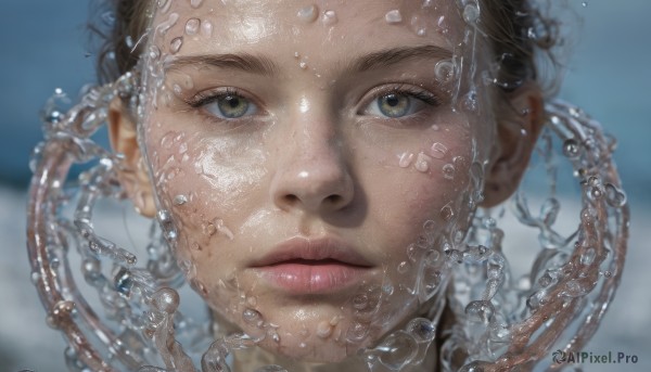 1girl, solo, looking at viewer, short hair, brown hair, brown eyes, closed mouth, water, blurry, lips, blurry background, portrait, close-up, realistic, nose