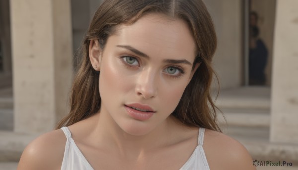 1girl,solo,long hair,looking at viewer,smile,brown hair,bare shoulders,jewelry,green eyes,collarbone,earrings,parted lips,teeth,solo focus,indoors,blurry,lips,grey eyes,blurry background,tank top,portrait,forehead,freckles,realistic,open mouth,upper body,eyelashes,close-up,nose