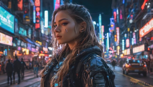 1girl, solo, long hair, looking at viewer, jewelry, jacket, upper body, earrings, outdoors, solo focus, dark skin, necklace, blurry, lips, night, blurry background, piercing, ground vehicle, ear piercing, motor vehicle, city, realistic, nose, car, cyberpunk, neon lights