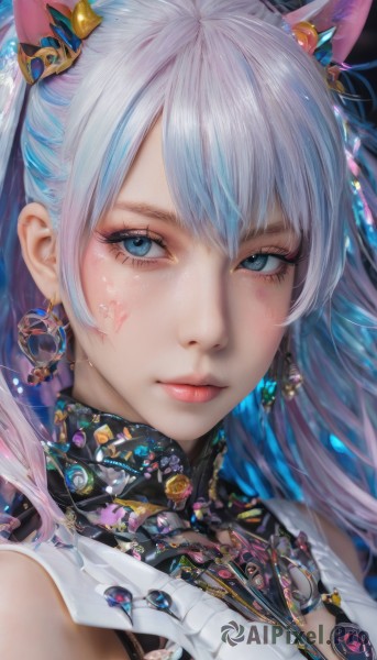 1girl,solo,long hair,looking at viewer,bangs,blue eyes,hair ornament,animal ears,bare shoulders,jewelry,closed mouth,blue hair,white hair,heart,multicolored hair,earrings,cat ears,two-tone hair,lips,eyelashes,makeup,facial mark,portrait,eyeshadow,mascara,blush,hair between eyes,necklace,crescent,gem,close-up,pink lips,realistic,nose,gold