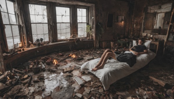 1girl,solo,short hair,skirt,brown hair,black hair,closed eyes,lying,shorts,barefoot,indoors,on back,cup,pillow,book,window,bed,bed sheet,on bed,chair,table,sleeping,bottle,fire,plant,box,scenery,paper,glass,lamp,ruins,wide shot,broken glass,drawer,rubble,messy room,broken window,shirt,signature,bare legs,on side,open book,blanket,reading,potted plant,candle,book stack,candlestand,rug,cabinet