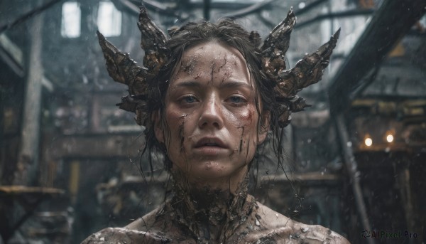 1girl,solo,looking at viewer,short hair,blue eyes,black hair,parted lips,horns,blurry,lips,wet,depth of field,blurry background,portrait,science fiction,realistic,dirty,cyberpunk,brown hair,closed mouth,upper body,black eyes,expressionless,nose,cable