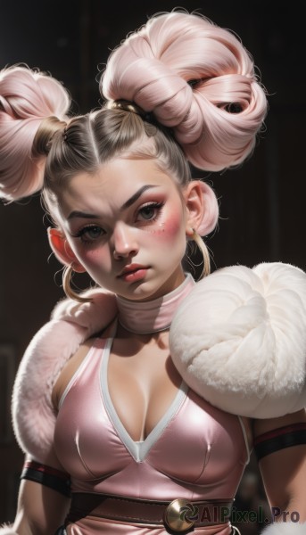 1girl,solo,breasts,looking at viewer,blush,blonde hair,dress,cleavage,twintails,jewelry,medium breasts,closed mouth,upper body,white hair,multicolored hair,earrings,hair bun,black eyes,two-tone hair,lips,grey eyes,sash,fur trim,eyelashes,double bun,makeup,lipstick,pink dress,eyeshadow,freckles,realistic,nose,red lips,brown eyes,collarbone,choker,artist name,pink shirt