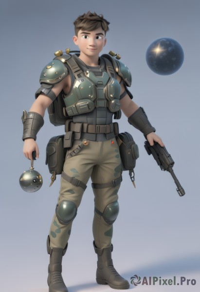 solo,looking at viewer,smile,short hair,brown hair,1boy,holding,brown eyes,standing,full body,weapon,male focus,boots,belt,pants,bag,holding weapon,armor,gun,military,backpack,shoulder armor,holding gun,handgun,pauldrons,pouch,knee pads,shoulder pads,camouflage,planet,explosive,grenade,1girl,bangs,simple background,shirt,vest,lips,shadow,rifle,nose,assault rifle,machine gun,single pauldron,camouflage pants