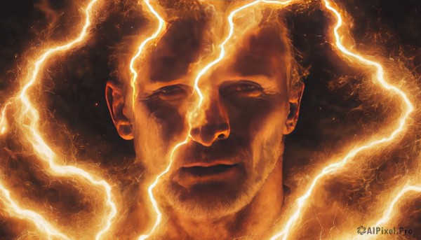 The charm of a male in a bold fiery dynamic scene
