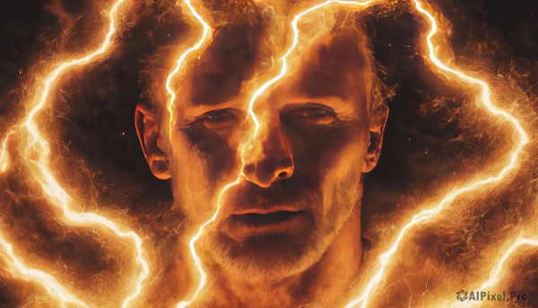 reiner braun,solo,looking at viewer,short hair,blonde hair,1boy,closed mouth,male focus,facial hair,fire,portrait,beard,close-up,realistic,lightning,orange theme,signature,stubble,electricity,manly,yellow theme