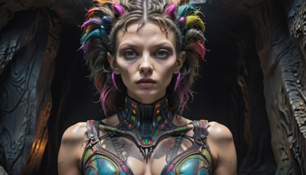 A cyborg surrounded by a lush dynamic scene