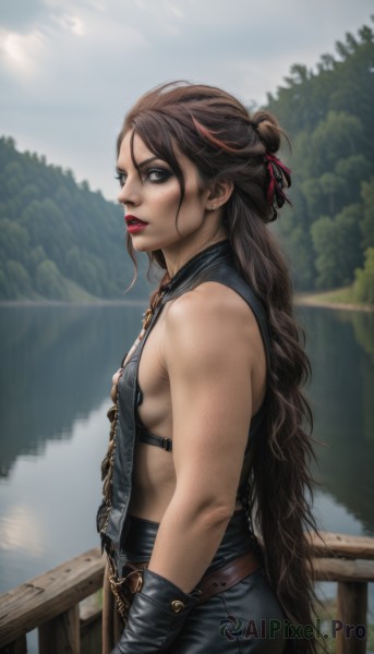 1girl,solo,long hair,breasts,looking at viewer,brown hair,gloves,ribbon,bare shoulders,jewelry,very long hair,hair ribbon,earrings,small breasts,outdoors,parted lips,day,black gloves,belt,hair bun,black eyes,from side,tree,lips,sideboob,makeup,lipstick,half updo,freckles,realistic,red lips,overalls,brown eyes,piercing,suspenders,nose