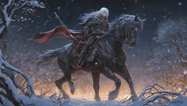 1girl,solo,long hair,bangs,gloves,1boy,holding,closed mouth,weapon,white hair,male focus,boots,outdoors,sky,pants,sword,cape,holding weapon,armor,tree,fur trim,night,animal,polearm,shoulder armor,gauntlets,star (sky),night sky,scenery,snow,pauldrons,spear,breastplate,snowing,fantasy,red cape,vambraces,riding,holding polearm,greaves,winter,horse,bare tree,knight,horseback riding,plate armor,reins,saddle,black footwear,floating hair,sheath,nature,1other,forest,black cape,black armor,pine tree