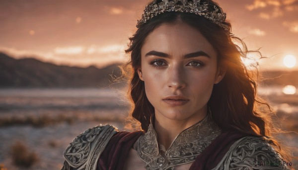 1girl,solo,long hair,looking at viewer,brown hair,black hair,brown eyes,closed mouth,upper body,outdoors,sky,cloud,signature,armor,blurry,lips,depth of field,blurry background,wavy hair,tiara,shoulder armor,portrait,freckles,pauldrons,sunset,mountain,realistic,sun,parted lips,water,ocean,sunlight,thick eyebrows,cloudy sky,backlighting,mountainous horizon,lake,sunrise