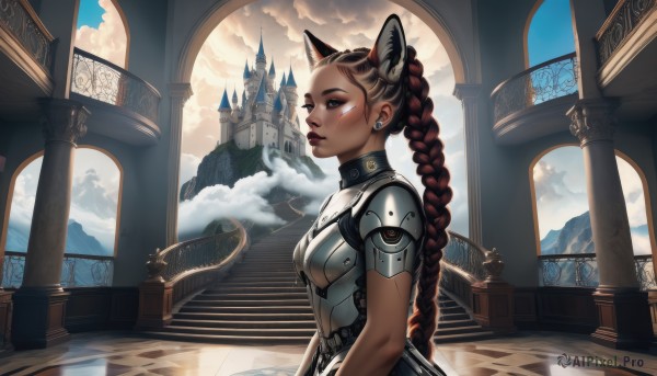 1girl,solo,long hair,breasts,blue eyes,brown hair,animal ears,brown eyes,jewelry,upper body,braid,multicolored hair,earrings,sky,cloud,indoors,cat ears,dark skin,armor,from side,two-tone hair,dark-skinned female,lips,single braid,makeup,cloudy sky,shoulder armor,braided ponytail,breastplate,stairs,mountain,nose,fantasy,architecture,pillar,castle,church,column,plate armor,floating island,small breasts,collar,profile,facial mark,piercing,ear piercing,scenery,extra ears,science fiction,realistic,cyborg,statue,arch