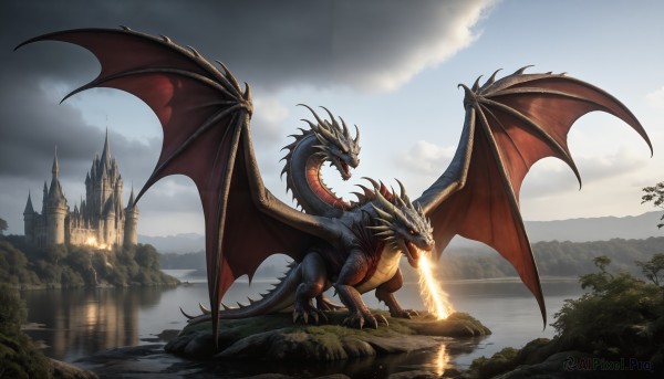 HQ,open mouth,tail,yellow eyes,outdoors,wings,horns,sky,teeth,cloud,water,tree,no humans,glowing,fangs,moon,cloudy sky,fire,sharp teeth,nature,scenery,claws,reflection,monster,mountain,fantasy,dragon,scales,river,castle,lake,breathing fire,red eyes,day,spikes,landscape