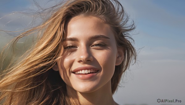 1girl,solo,long hair,looking at viewer,smile,open mouth,blonde hair,brown hair,brown eyes,outdoors,parted lips,sky,teeth,day,grin,lips,floating hair,half-closed eyes,wind,messy hair,portrait,realistic,nose,blue sky,eyelashes,close-up