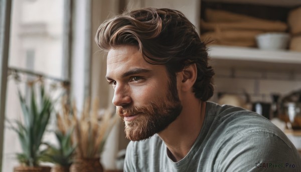 solo,looking at viewer,short hair,brown hair,shirt,1boy,brown eyes,closed mouth,white shirt,upper body,male focus,indoors,blurry,depth of field,blurry background,facial hair,plant,portrait,grey shirt,beard,realistic,mustache,potted plant,smile,from side,lips,window,scar,parody,meme,striped shirt,nose,manly,animification,photo background