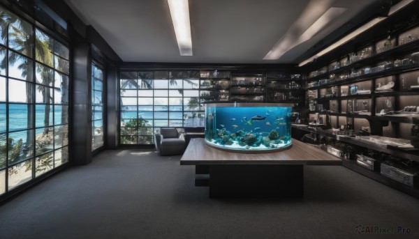 sky,day,cloud,indoors,water,tree,no humans,window,shadow,ocean,chair,table,plant,scenery,couch,fish,palm tree,shelf,restaurant,ceiling light,blue sky,bottle,horizon,coral,island,aquarium