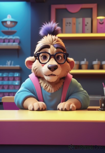 solo,looking at viewer,open mouth,brown hair,shirt,long sleeves,1boy,animal ears,sitting,upper body,purple hair,male focus,multicolored hair,glasses,teeth,artist name,indoors,blurry,two-tone hair,sweater,cup,book,blurry background,fangs,table,thick eyebrows,blue shirt,claws,furry,freckles,black-framed eyewear,animal hands,drink,furry male,body fur,straight-on,blue sweater,animal nose,shelf,whiskers,snout,brown fur,green sweater,counter,purple eyes,parted lips,black eyes,feathers,drinking straw,round eyewear