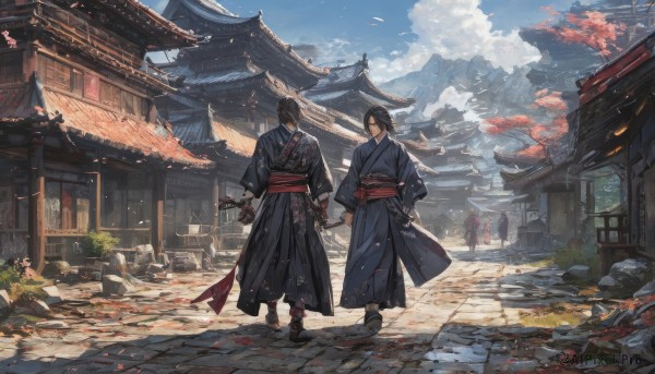 long hair,looking at viewer,short hair,brown hair,black hair,long sleeves,holding,closed mouth,standing,weapon,male focus,outdoors,japanese clothes,multiple boys,sky,day,sword,cloud,2boys,wide sleeves,kimono,black footwear,holding weapon,looking at another,tree,blue sky,sash,petals,holding hands,leaf,holding sword,obi,floral print,katana,cloudy sky,building,sheath,hakama,scenery,hakama skirt,walking,sheathed,rock,mountain,blue kimono,autumn leaves,black kimono,architecture,east asian architecture,falling leaves,shrine,pagoda,gloves,black gloves,fingerless gloves,hand on hip,facing away