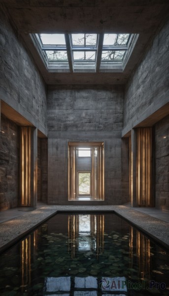 outdoors,day,indoors,water,tree,no humans,window,sunlight,plant,scenery,reflection,stairs,door,wall,architecture,lily pad,hallway,rain,wooden floor,ruins,stone wall