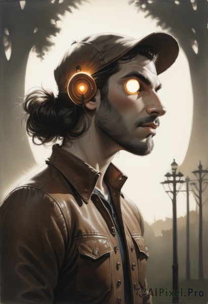 solo,shirt,black hair,1boy,hat,jacket,upper body,male focus,outdoors,collared shirt,artist name,signature,hair bun,from side,tree,glowing,facial hair,headphones,watermark,moon,single hair bun,glowing eyes,beard,pocket,brown jacket,realistic,mustache,sepia,short hair,closed mouth,yellow eyes,open clothes,day,open jacket,lips,black headwear,profile,night,buttons,wing collar,backlighting,nose,brown headwear,unbuttoned,light,breast pocket,no pupils,lamppost,blank eyes,collared jacket