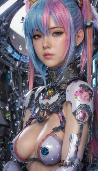 1girl,solo,long hair,breasts,looking at viewer,bangs,blue eyes,hair ornament,cleavage,twintails,jewelry,medium breasts,closed mouth,blue hair,upper body,pink hair,multicolored hair,earrings,blurry,two-tone hair,lips,bodysuit,makeup,science fiction,realistic,nose,sidelocks,bikini,parted lips,artist name,eyelashes,tattoo,piercing,robot,lipstick,ear piercing,eyeshadow,bubble,water drop,pink lips,emblem,android,eyeliner,cable,cyborg,robot joints,mascara,cyberpunk