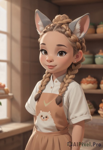 1girl,solo,long hair,looking at viewer,smile,brown hair,shirt,animal ears,twintails,brown eyes,jewelry,closed mouth,white shirt,upper body,braid,short sleeves,earrings,food,collared shirt,artist name,indoors,cat ears,blurry,apron,twin braids,animal ear fluff,depth of field,blurry background,animal print,child,hair over shoulder,forehead,freckles,female child,stud earrings,blush,skirt,dress,flat chest,lips,window,thick eyebrows,dog ears,extra ears,pinafore dress,crown braid