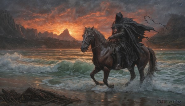 solo,1boy,weapon,male focus,boots,outdoors,sky,cloud,hood,water,cape,armor,ocean,animal,beach,cloudy sky,gauntlets,scenery,cloak,1other,hood up,rain,sunset,mountain,black cape,riding,horse,waves,black cloak,ambiguous gender,horseback riding,hooded cape,reins,saddle,holding,sword,holding weapon,from side,torn clothes,fire,hooded cloak,torn cape,red sky