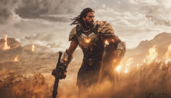 solo,long hair,black hair,1boy,holding,standing,weapon,male focus,outdoors,sky,sword,cloud,signature,dark skin,holding weapon,armor,gun,facial hair,dark-skinned male,cloudy sky,fire,shoulder armor,gauntlets,holding gun,rifle,beard,smoke,pauldrons,shield,mountain,manly,brown hair,muscular,grass,scenery,realistic,field