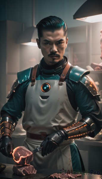 solo,looking at viewer,short hair,black hair,gloves,1boy,holding,closed mouth,standing,male focus,multicolored hair,food,black gloves,belt,indoors,dark skin,armor,black eyes,apron,dark-skinned male,knife,gauntlets,serious,undercut,hair slicked back,cooking,kitchen,mohawk,cutting board,blurry,blurry background,facial hair,shoulder armor,beard,realistic,mustache,meat,steak