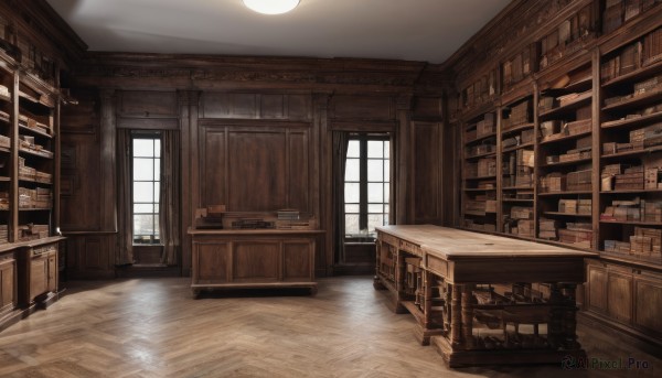 day,indoors,book,no humans,window,chair,table,sunlight,box,scenery,wooden floor,bookshelf,shelf,book stack,library,shop,ceiling,ceiling light,cabinet,desk,door,tiles,tile floor,ladder