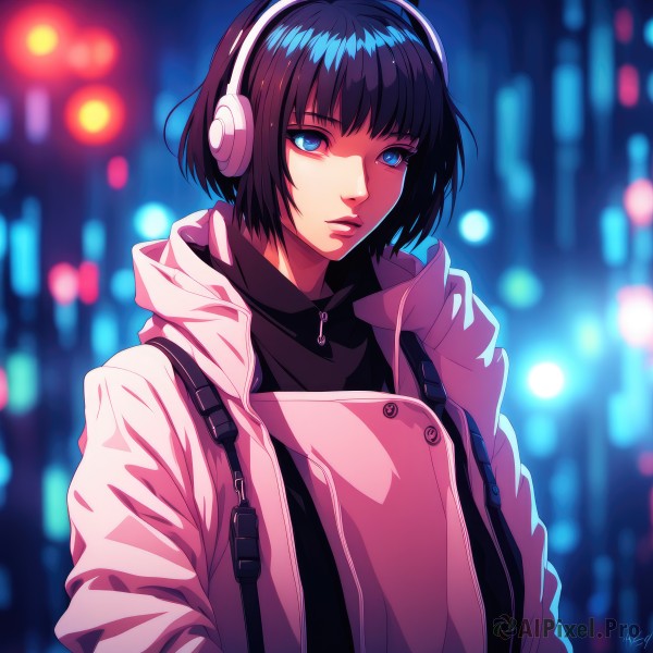 1girl,solo,looking at viewer,short hair,bangs,blue eyes,black hair,jacket,upper body,parted lips,artist name,signature,hood,blunt bangs,blurry,lips,coat,night,depth of field,blurry background,turtleneck,headphones,bob cut,hood down,zipper,pink jacket,buttons