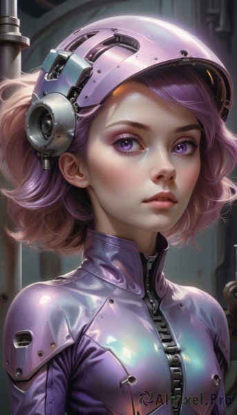 1girl,solo,breasts,looking at viewer,short hair,bangs,closed mouth,purple eyes,upper body,pink hair,purple hair,small breasts,parted lips,shiny,artist name,medium hair,lips,eyelashes,bodysuit,makeup,helmet,skin tight,zipper,freckles,science fiction,curly hair,shiny clothes,realistic,nose,unzipped,zipper pull tab,purple bodysuit,spacesuit,signature,watermark,portrait,web address,eyeshadow