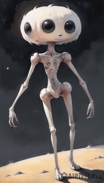 solo,looking at viewer,standing,full body,white hair,nude,outdoors,sky,black eyes,no humans,night,shadow,robot,star (sky),night sky,claws,1other,starry sky,joints,extra eyes,robot joints,dust,fewer digits,closed mouth,grass,monster,rock,sand