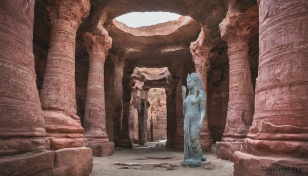 1girl,solo,long hair,breasts,dress,medium breasts,standing,outdoors,sky,day,blue dress,scenery,ruins,wide shot,pillar,statue,arch,column,blue hair,indoors