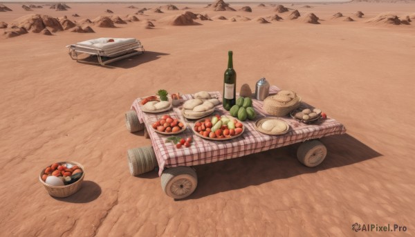 outdoors,food,no humans,fruit,shadow,bottle,ground vehicle,scenery,plate,sand,basket,bread,meat,wine bottle,food focus,tomato,vegetable,desert,lettuce,cup,table,alcohol,drinking glass,bowl,rock,wine,sake bottle,log,potato,wood,onion