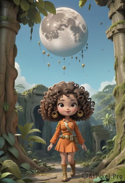 1girl,solo,long hair,looking at viewer,skirt,brown hair,long sleeves,dress,brown eyes,jewelry,standing,full body,earrings,boots,outdoors,sky,day,belt,cloud,dark skin,dark-skinned female,tree,blue sky,lips,leaf,brown footwear,moon,plant,child,walking,curly hair,pouch,planet,pillar,column,smile,parted lips,artist name,bag,night,watermark,full moon,hoop earrings